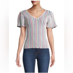 Milly Striped Flutter-Sleeve Rib-Knit Top sz S